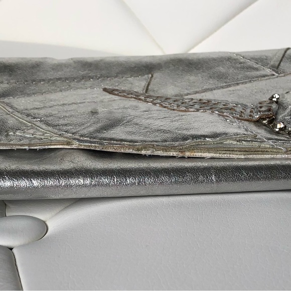 Vintage Metallic Silver Leather Clutch Handmade Handbag One Of A Kind - Picture 6 of 10